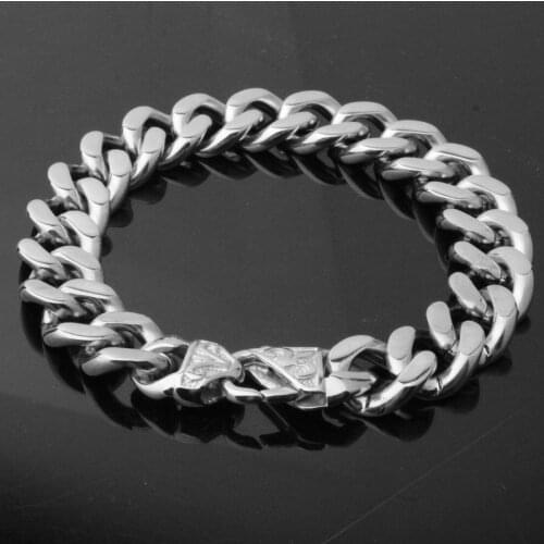 High Quality 15mm Silver Color Curb Cuban Link Mens Bracelet 316L Stainless Steel Wristband Male Hip Hop Jewelry