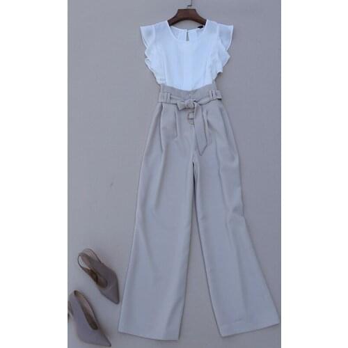 Business Casual Summer Chiffon Ruffled Short Sleeve Top and High Waist Belted Wide Leg Trousers Office Lady OL One Set