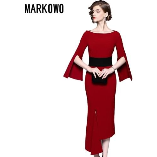MARKOWO Designer Brand 2020 New Irregular Waist Slim Temperament Red Long Skirt Womens Banquet Dress