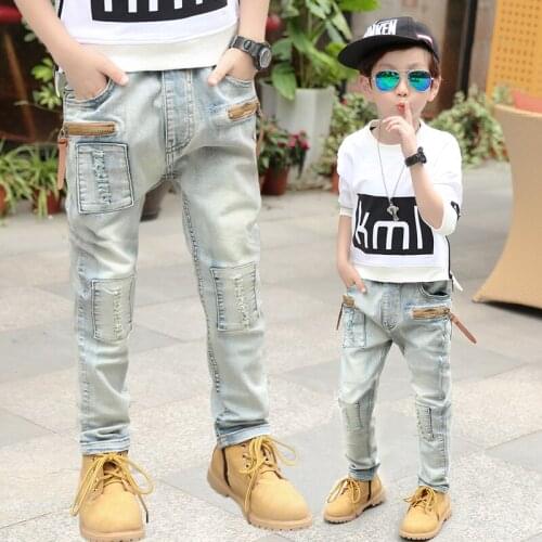 2019 Big Boys Jeans Cotton Fashion Teen-age High Quality boy pants Elastic Trousers Full Length Appliques Size 100-160
