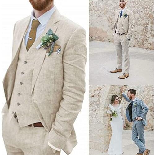 Tailor-Made Summer Retro Blue Linen Coat For Men Casual Wedding Suit Seersucker Slim Fit 3 Pieces Jacket Blazer Groom Wear Tuxeo