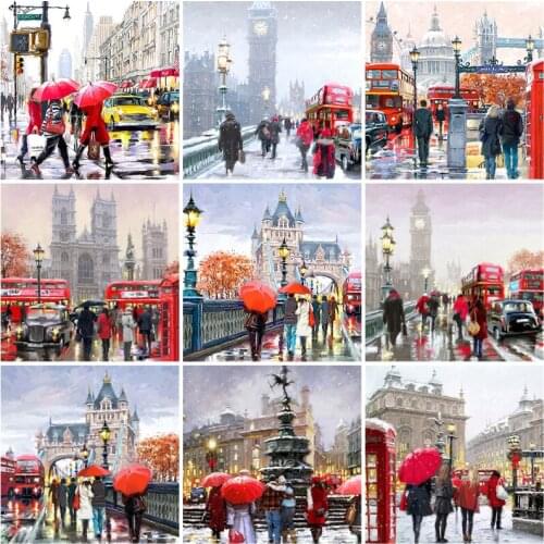 Full Square Round Resin Diamond Painting Scenery Street Diamond Embroidery Mosaic Red Umbrella Picture of Rhinestone Wall Art