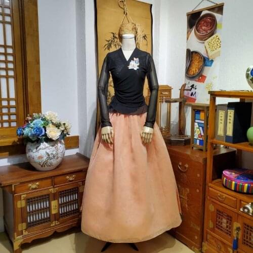 Korean Hanbok Black High-quality Mesh Top and Khaki Satin Skirt Womens Korean Traditional Costumes Ethnic Dance Cosplay