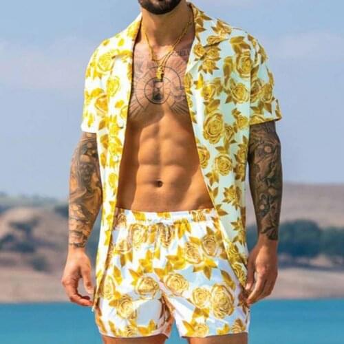 Men Outfit Shorts Sleeve Floral Print Hawaii Single-breasted Shirt T-shirt Drawstring Shorts Set for Summer