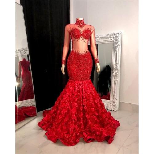 Red Sparkling Mermaid Prom Dresses 2021 For Black Girls Long Sleeve Sequined 3D Floral Flower Party Gowns Plus Size