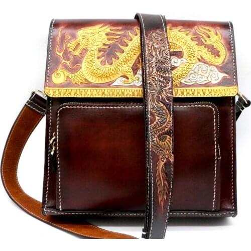 Men Vegetable Tanned Leather Shoulder Bag Money Holder Cowhide Hand-carved Chinese Dragon Clutch Purse Clutches Envelope Gifts