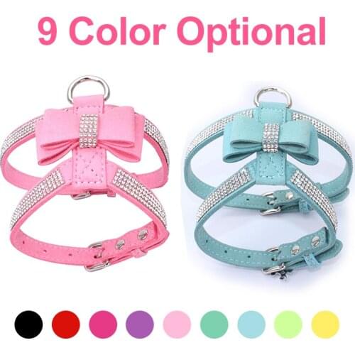 Soft Suede Dog Harness Leash Set Vest Adjustable Shining Diamonds Bow Rhinestone Pet Cat Collar Harnesses For Small Medium Dogs