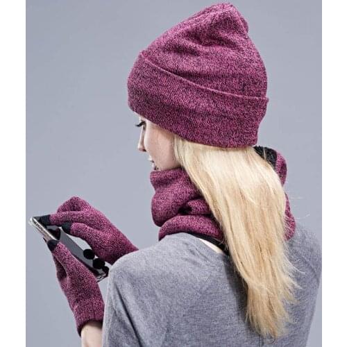 New Knitted Winter Hat Scarf Gloves Set Women Thick Touch Screen Glove Beanies Ring Scarf Female For Men Thick Warm Plus Velvet