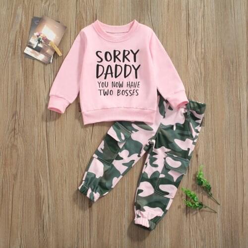 2Pcs Baby Girls Autumn Casual Clothes Sets 2021 New Kids Long Sleeve Pollover Tops Camouflage Pants with Pockets Outfit 1-6Y