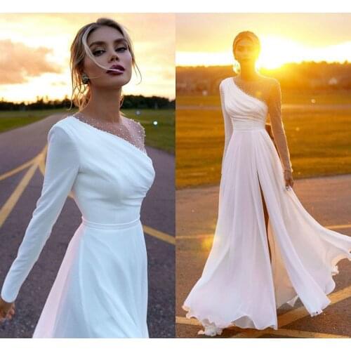 Long Sleeves Beach Wedding Dresses Illusion Pearls Beaded Boho Mariage Bridal Gowns With Side Split A-Line Robe De Mariee
