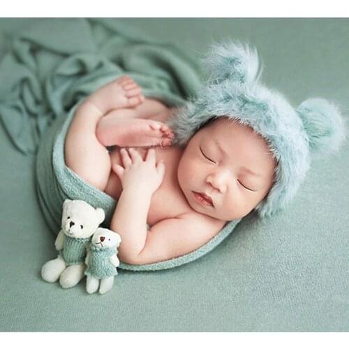 Newborn Photography Props Accessories Crochet Baby Fluffy Hat Cute Bear Doll Stretch Baby Wraps 3Pcs/Set Baby Photo Props