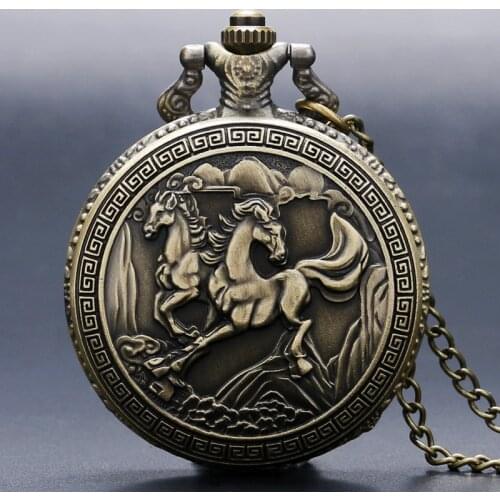 Retro Running Horses Bronze Quartz Pocket Watch Chinese Zodiac Necklace for Men Women Watches Pendant with Long Chain Gift Hour