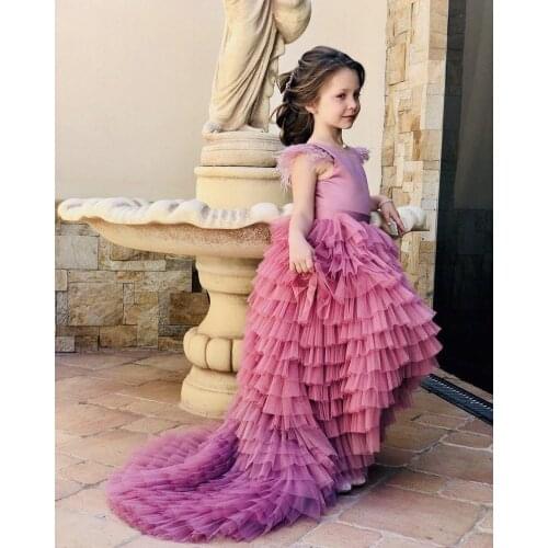 Girls sweep train pink tiers birthday party dresses girls celebration pageant photography props dresses custom