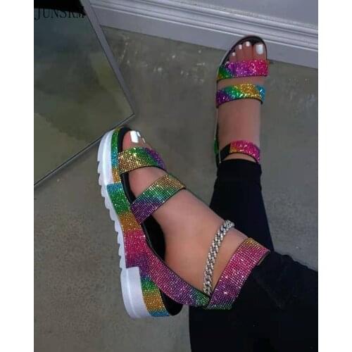 Women Sandals Rhinestone Platform Heels Flat Shoes Crystal Ladies Sandals Summer Fashion Outdoor Female Beach Footwear 2021 New