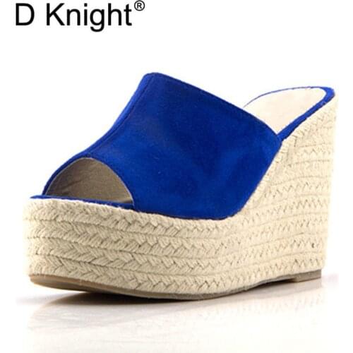 Brand Plus Size 30-43 Women Platform Wedges Slippers Summer Outside Black Woman Slides Sandals Mules Wedges High Heel Shoes Blue