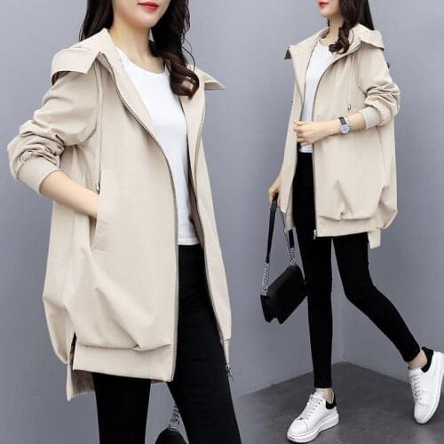 Women Casual Windbreaker Long Sleeve Zipper Lining Hooded Outwear Solid Student Pocket Top 2021 Spring Autumn Female Trench Coat