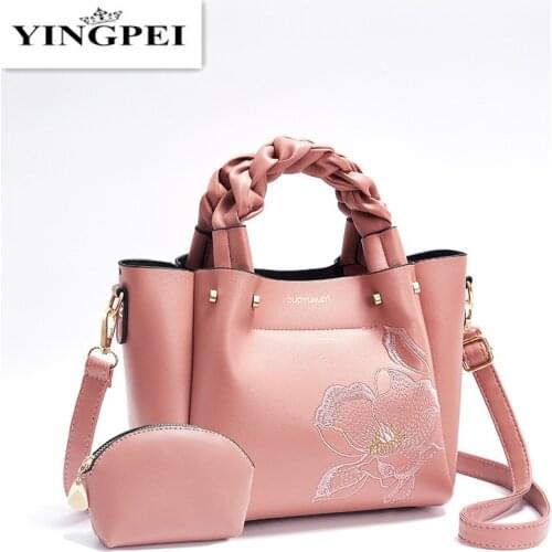 Embroidery Women Tote 2 pcs Fashion PU Metal chain Leather Ladies Handbag Messenger Shoulder Bag Wallet Famous brand New Color