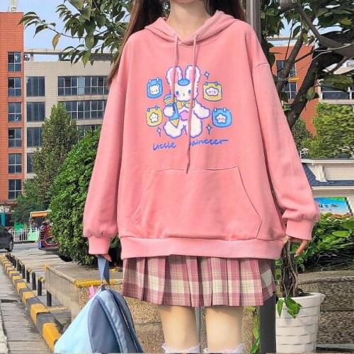 Kawaii Rabbit Ear Hoodies Women 2020 Autumn Winter Cute Printed Student Long Sleeve Pink Sweatshirt Loose Pullover Tops Sudadera