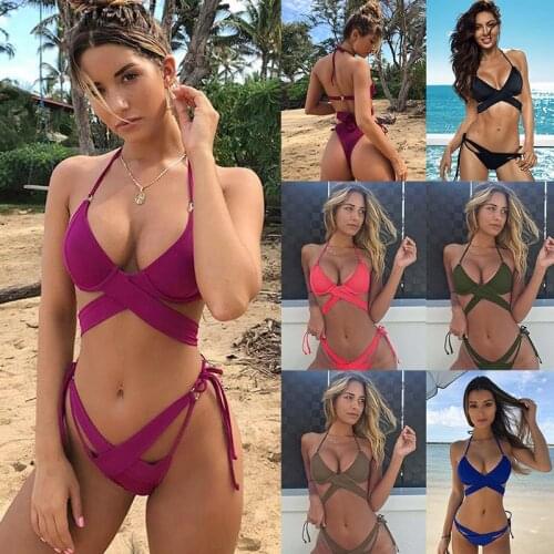 Sexy Bikini Set 6 Colors Womens Swimwear Push Up Thongs Brazilian Bikini Beach Pack Solid Color Bandage Low Waist Swimsuit Set