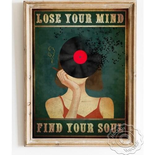 Female Portrait Vintage Art Prints Poster, Vinyl Record Abstract Canvas Painting, Listen Music Short Hair Girl Room Home Decor