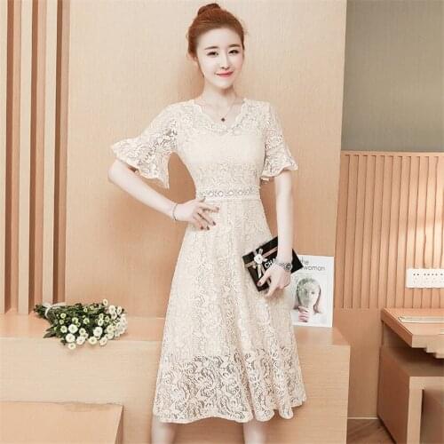 2019 Spring Autumn Women Short Sleeve Lace Dress Big Size S-2XL Dress Elegant Lady Long V-neck Dressess Vestidos Bottomings W713