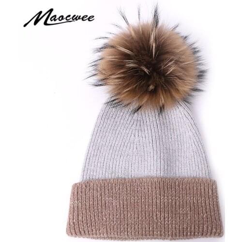 Winter Casual Solid Color Beanie Hat For Women Female With Real Fur Pom Pom Skullies Cap Winter Warm Soft Knitted Hat Bonnet Cap