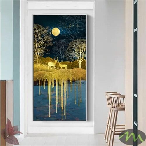 Abstract Golden Moon and Tree Canvas Art Lucky Deer Posters and Prints Modern Wall Art Pictures for Living Room with Hanger 6-5