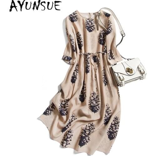 AYUNSUE Spring Summer Silk Dress Woman Pleated Midi Vintage Dresses for Women Clothes Boho Casual Vestidos Verano 2021 KJ7088
