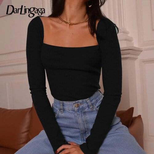 Darlingaga Square Neck Basic Cotton Black Autumn Bodysuit for Women Solid Slim Long Sleeve Body Chic Casual Bodysuits One Piece