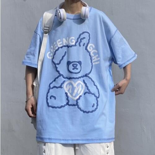 Brand Harajuku T-shirt Chic Bear Print Graphic Tee O-neck Casual Summer Oversized Shirt Women Teens Japanese Korean Fashion Tops