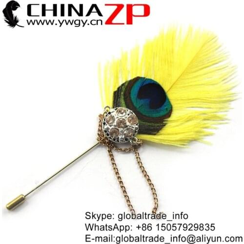 CHINAZP Factory Good Quality Bouquet Yellow Ostrich with Natural Peacock Feathers Crystal Rhinestone Brooch Pin