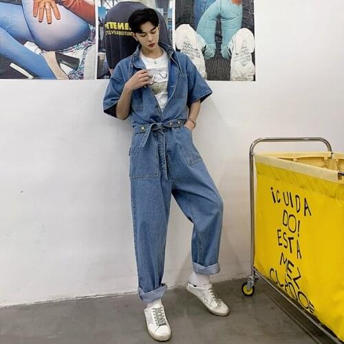 New Blue Cotton Mens Denim Pants Hip Hop Short Sleeve Jeans Overalls Casual Pockets Lace Up Male Jumpsuits Mens Clothing