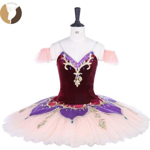 FLTOTURE Burgundry Purple Ballet Tutu Skirt Velvet Fabric 12 Layers Hard Tulles Ballet Nutcracker Tutu Dresses Paquita Costumes