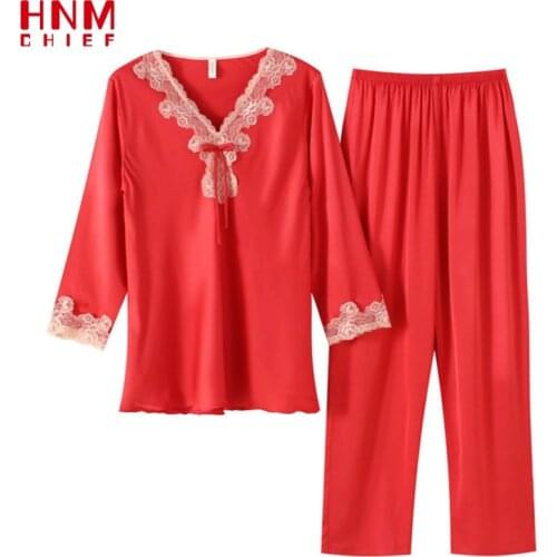 HNMCHIEF Red Female Home Clothes 2PCS Pajamas Sets Imitation Silk Long Sleeve HomeWear Men And Women Wedding Party Costum Sets