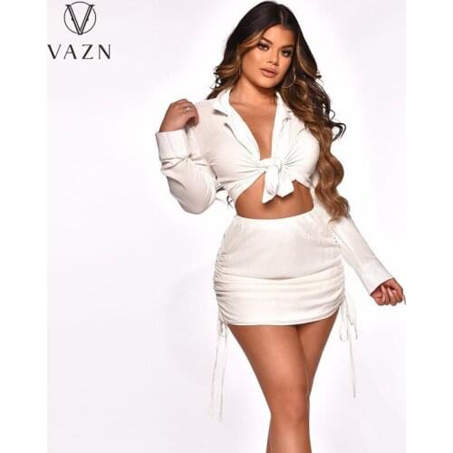 VAZN 2021 Dress Set Solid Sweet Sexy Young Full Sleeve Bandage Top Mini Skirts High Waist Skinny Women 2 Piece Set
