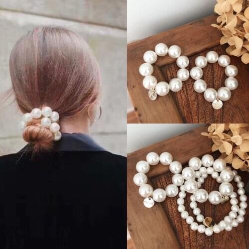 Korean Imitation Pearl Beading Hair Ties Women Metal Pendant Charms Elastic Bracelet DIY Hair Styling Decorative Ponytail Holder
