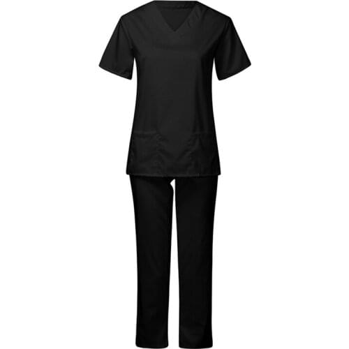 High Quality Nursing Uniforms Suit For Women Slim V-Neck Work Clothes Pocket Solid Color Set Short Sleeve Top&Trouser For Female
