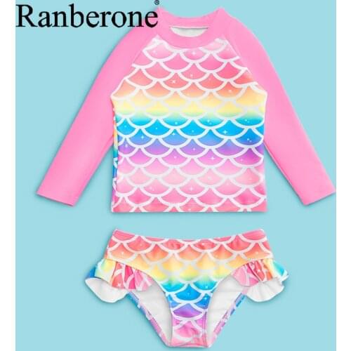 Ranberone Girls Swimwear 2021 New Girls Swimsuit Two Piece Bathing Suit Mermaid Print Beachwear Bathing Children Beach Bikini
