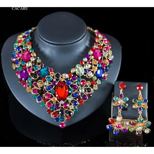NEW Jewelry Sets Women Big Necklace Earring Set Indian Dubai Gold Jewellery F1152 Rhinestone Party Jewels 6 Colors CACARE