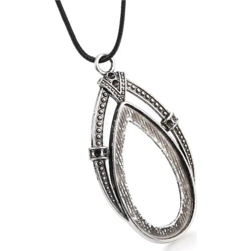 JUYA 5pcs/lot 49x28mm Oval Cabochon Blank Trays 45cm Black Genuine Leather Rope Lobster Clasps Chains Pendant DIY Jewelry Making