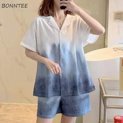 Pajama Sets Women Gradient Loose Summer Simple Korean Breathable Turn-down Collar Short Sleeve Single Breasted Leisure Soft Lady