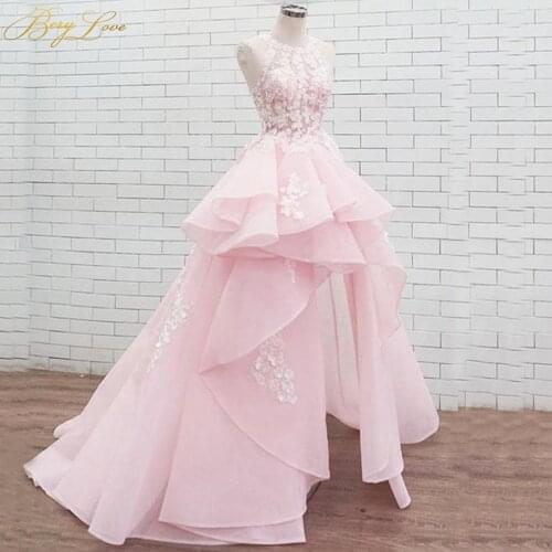 Puffy Skirt Evening Dresses 2020 Tiered A line Layers Pink Evening Gown White Appliques Short Front Prom Dress Scoop Neckline