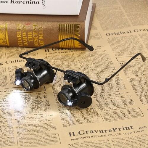Repair Glasses 20x Magnifying Double Eye Magnifier Glasses Loupe Jeweler Watch Repair Lens LED Light Eye Glasses