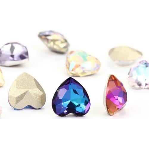 20pcs 12mm High Quality Glass Strass For Clothes Bags Pointback Glue On Rhinestones DIY Heart Rhinestones Crystals Heart Strass