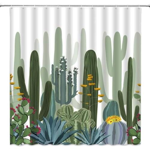Cactus Floral Shower Curtains Water Color Tropical Plants Flowers Bathroom Decor Polyester Cloth Hanging Curtain Set