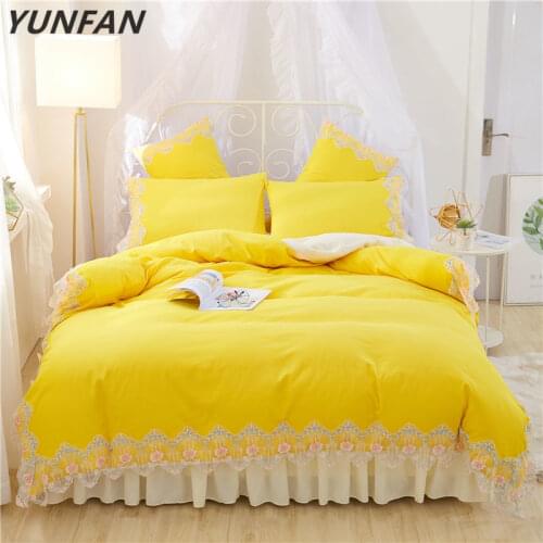 Yellow Lace bedding sets full queen king duvet cover princess girls bed skirt Korean bedclothes beautiful adult quilt cover sets