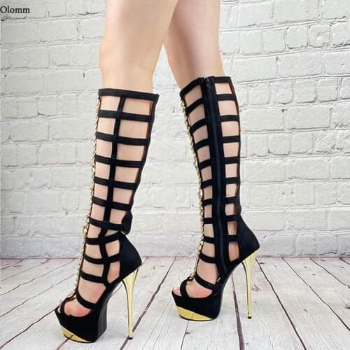 Olomm Handmade Women Gladiator Platform Sandals Back Zipper Hollow Out Stiletto Heel Open Toe Black Party Shoes Size 5-20