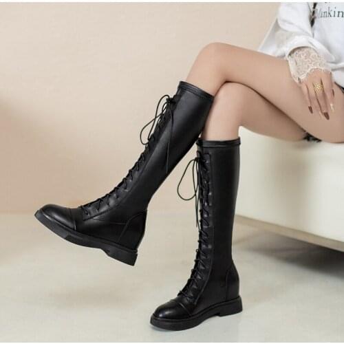 2021 Cw Leather Lace Up Zipper Knee High Boots Square Heel Autumn Winter Women Shoes Casual Round Toe Long Boots Size34-43