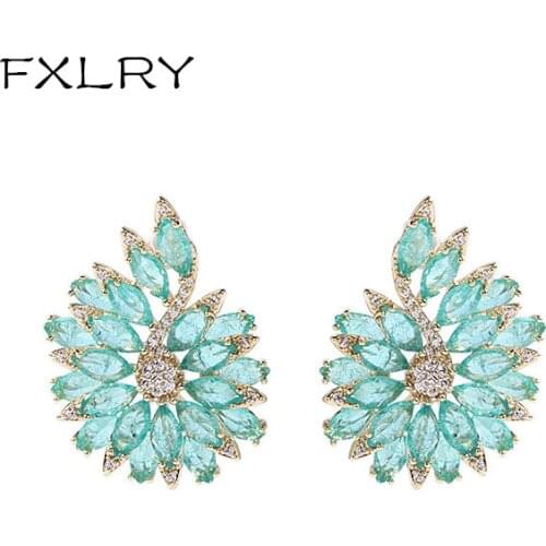 FXLRY High Quality Fashion Summer Blue Cubic Zirconia Flower Stud Earring for Women Party Brand Jewelry