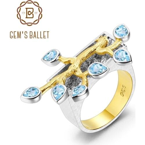 GEMS BALLET 18k Gold Over 925 Silver Two Tone Handmade Madagascar Forest Natural Swiss Blue Topaz Womens Cocktail Ring